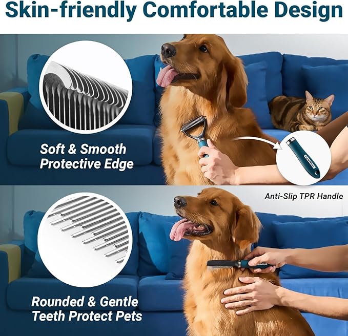 Deshedding Dog Brush Dog Comb Combo, Professional Undercoat Rake, Pet Grooming Brush for Dog Cat Grooming Supplies, Dematting Deshedding Brush Dogs Shedding Tool for Long Matted Haired Pets