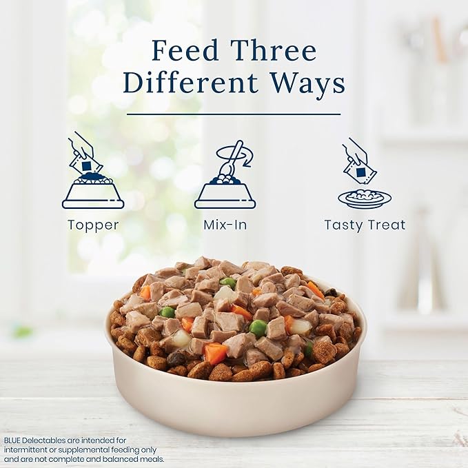 Blue Buffalo Delectables Natural Wet Dog Food Topper Variety Pack, Tasty Chicken, Hearty Beef, Tender Turkey, & Savory Lamb Dinner 3-oz (24 Pack- 6 of Each Flavor)