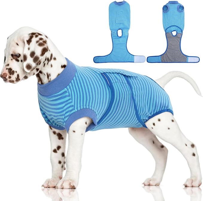 FUAMEY Recovery Suit for Dogs After Surgery,Soft Breathable Dog Bodysuit E-Collar & Cone Alternative Surgical Suit,Male Female Dog Neuter Spay Suits Anti Licking Wounds Onesie Navy Blue Strips XS