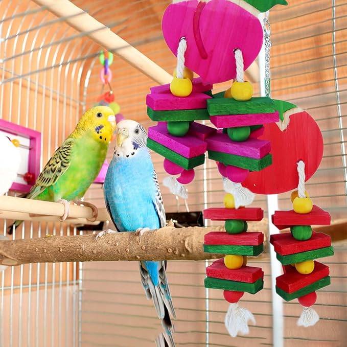 Hamiledyi 4 PCS Bird Toys Parrot Toys Multicolor Natural Wooden Block Bird Chewing Toys Parrot Cage Bite Toys for Conures Parakeets Cockatiels Lovebirds African Grey Macaws Amazon Parrots