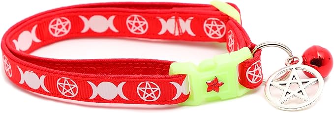 Wicca Cat Collar with Occult Charm & Bell | Witch’s Familiar Cat Collar | Witch Kitten Collar Charms | Glow in The Dark | Safety Breakaway Collar (Large(10lbs & Up), Red)