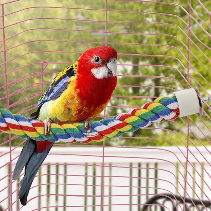 Bird Rope Perches for Parrots, Cockatiels, Parakeets, Budgie Cages Comfy Birds Colorful Rope Toy (41inch Metal nut)