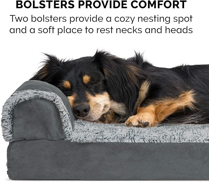 Furhaven Memory Foam Dog Bed for Large Dogs w/ Removable Bolsters & Washable Cover, For Dogs Up to 125 lbs - Two-Tone Plush Faux Fur & Suede L Shaped Chaise - Stone Gray, Jumbo Plus/XXL