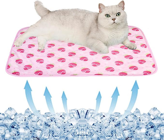 BAMY Cat Cooling Mat Summer Dog Silk Pad Self Cooling Cushion Washable Kitten Ice Blanket with Duck Strawberry Pattern (Pink Strawberry, S (19.7"x15.7"))