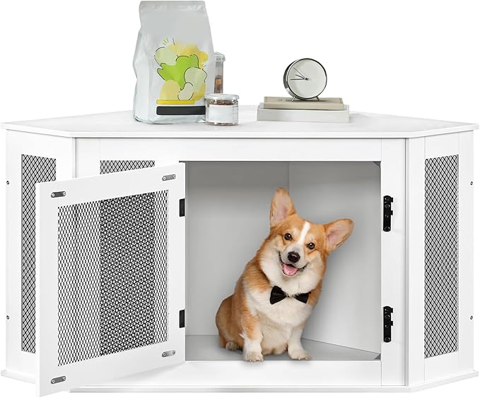 Corner Dog Crate Furniture, Wooden Dog Kennel End Table, Decorative Pet Crate Indoor Use, Furniture Style Dog House for Small Medium Dog, Dog Cage TV Stand, White and Black DCWT0801