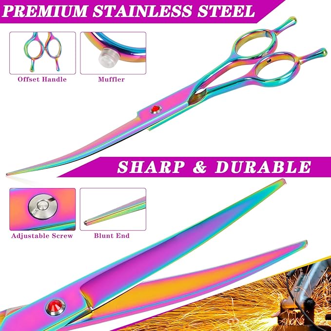 Dog Grooming Scissors Curved Hair Cutting Scissors for Dogs & Cats Made of Premium Stainless Steel (Rainbow)