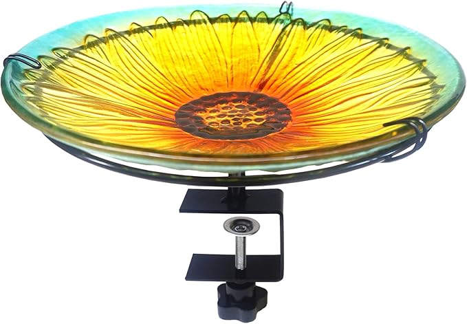 Deck Mounted Bird Bath, Deck Birdbath for Railings, Glass Sunflower Bird Baths Bowl Bird Feeders with Heavy Duty Adjustable Base, Railing Bird Bath for Deck, Balcony, Fence-Sunflower Yellow