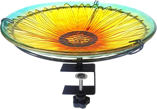 Deck Mounted Bird Bath, Deck Birdbath for Railings, Glass Sunflower Bird Baths Bowl Bird Feeders with Heavy Duty Adjustable Base, Railing Bird Bath for Deck, Balcony, Fence-Sunflower Yellow