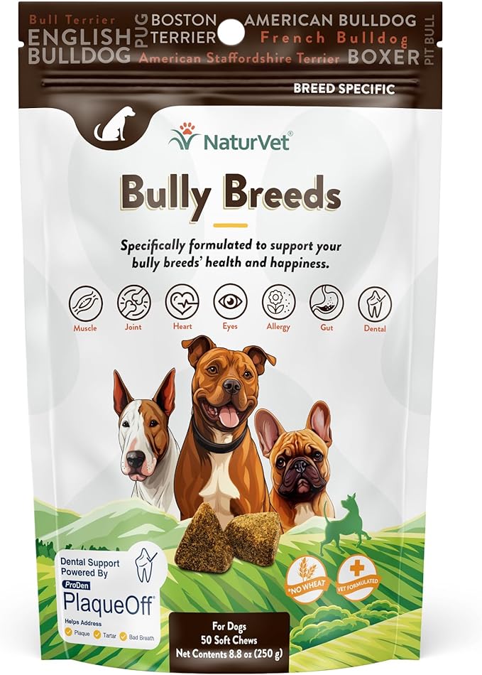 NaturVet Bulldog Breed Supplement- for Joint Support, Digestion, Skin, Coat Care- Dog Multivitamins with Minerals, Omega-3, PlaqueOff- Wheat-Free Vitamins for Dogs- Bully Breeds- 50 Soft Chews