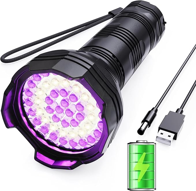 Mesqool UV Flashlight Rechargeable, 51 LED 365nm & 395nm Dual UV Blacklight Flashlight for Cat, Dog, Pet Urine Detector, Resin Curing, Dry Stains, Bed Bug, Scorpion Finder (Built in Battery)