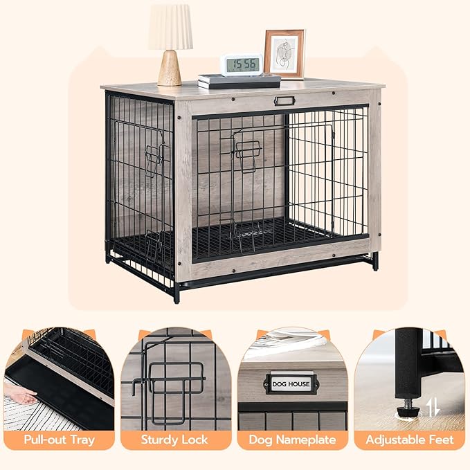 HOOBRO Dog Crate Furniture, 32.5" Medium Dog Kennel Indoor, Wooden Dog Crate with Pull-Out Tray, Double Doors Dog House, Modern Side End Table for Small/Medium Dog, Greige BG802GW03