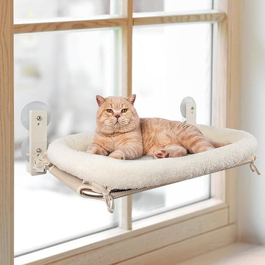 Foldable Cat Window Perch, Stable Heavy Duty Cordless Cat Window Hammock with 4 Strong Upgraded Suction Cups and Larger Base, Comfor White Cushion Cat Window Bed for Large Cats Inside (Large)