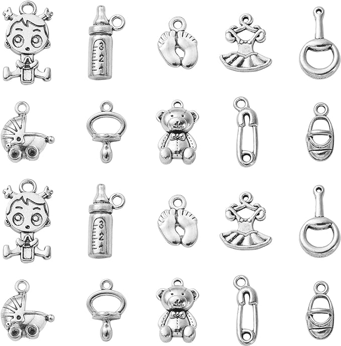 Stiesy 100 Pcs Baby Girl Themed Tibetan Alloy Charms Bell Shoes Baby Feet Feeding Bottle Baby Carriage Charms for Jewelry Making DIY Crafts
