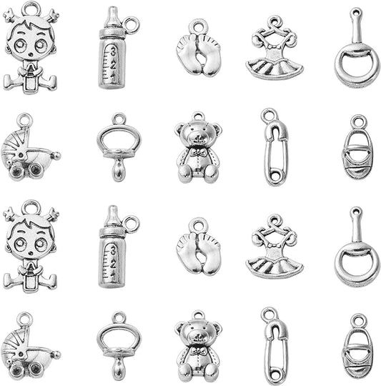 Stiesy 100 Pcs Baby Girl Themed Tibetan Alloy Charms Bell Shoes Baby Feet Feeding Bottle Baby Carriage Charms for Jewelry Making DIY Crafts