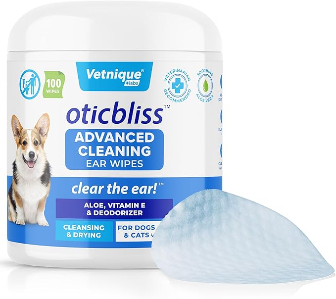 VETNIQUE Oticbliss Advanced Cleaning Ear Wipes for Dogs & Cats for Odor Control, Dirt and Wax Removal with Soothing Aloe Vera, Drying Agent and Vitamin E, Clear the Ear 100ct Wipes