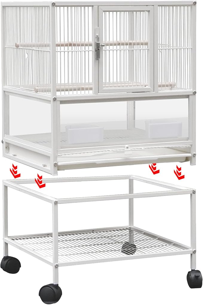 Parakeets Flight Bird Cage-30 inch 2 in1 Large Bird Cage with Rolling Stand Playtop Parrot Chinchilla Finch Cage Macaw Cockatoo Pet House Wrought Iron Birdcage, White