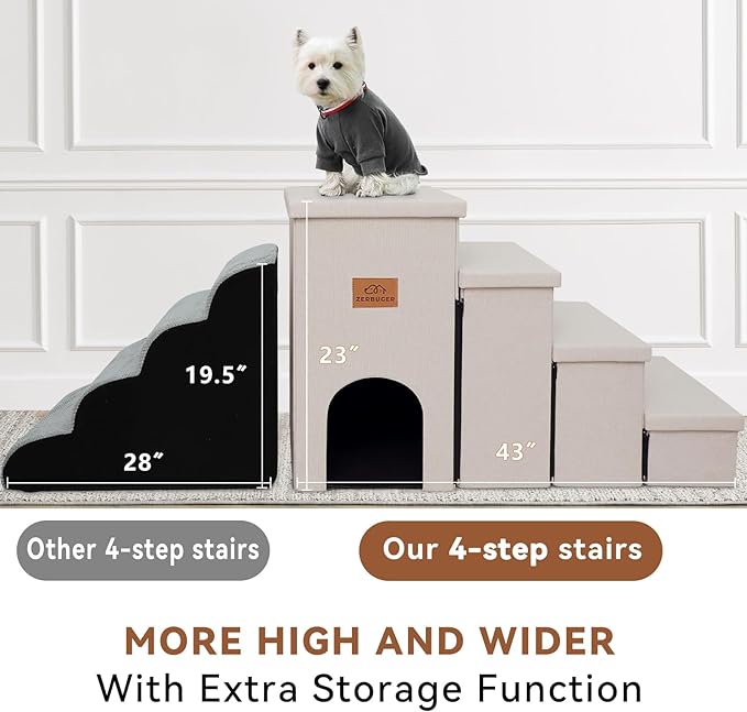 Dog Stairs, Dog Steps for High Beds 23" H, Folding Pet Stairs for Small Medium or Large Dogs Puppy with Storage for Bed and Couch, Dog Ramp for Car Hold Up to 200 lbs (Beige Gray, 4 Steps with Condo)