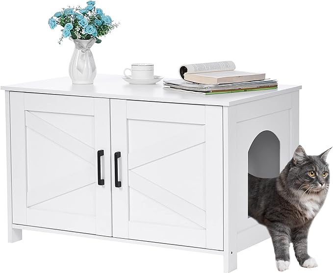 Cat Litter Box Enclosure,Litter Box Furniture Hidden with Barn Door,Wooden Cat Washroom Furniture,Cat House,Fit Most of Litter Box,White