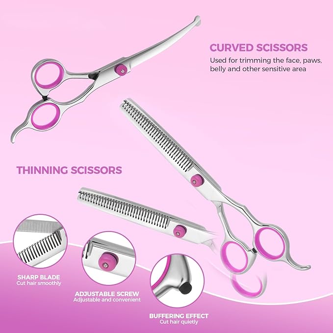 Maxshop Dog Grooming Scissors with Safety Round Tips, Heavy Duty Titanium Pet Grooming Trimmer Kit, Professional Thinning Shears, Curved Scissors with Comb for Dogs and Cats (Pink Set of 3)