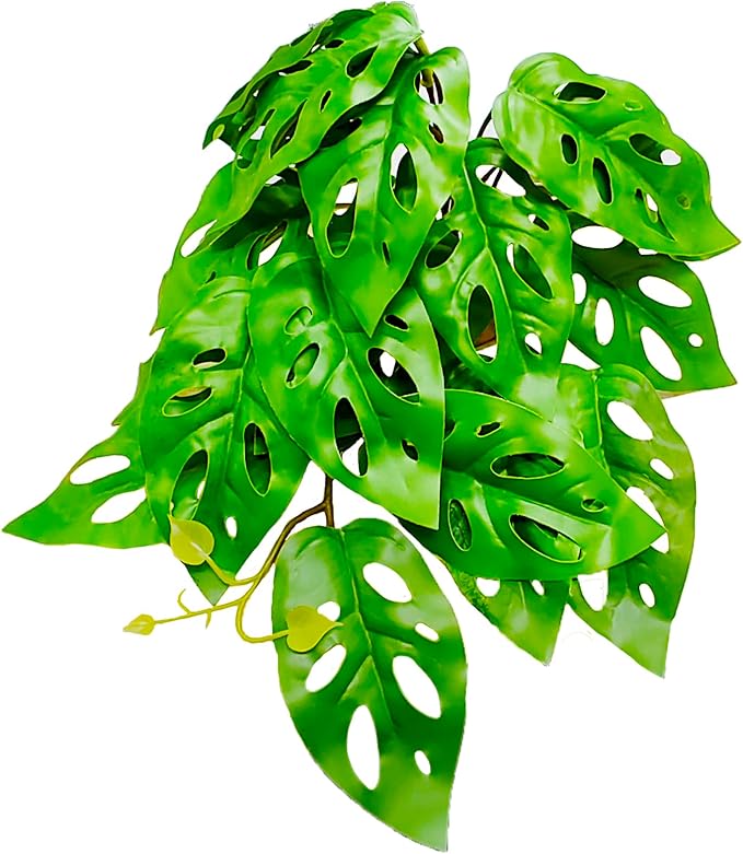 Reptile Artificial Plants with Base, Terrarium Decor Amphibian Habitat Plant, Bearded Dragon Tank Accessories fit Gecko Lizard Chameleon Snake Frog - Monstera Adansonni