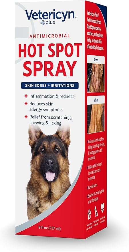 Vetericyn Plus Hot Spot Spray for Dogs Skin Sores and Irritations | Itch Relief for Dogs and Prevents Chewing and Licking at Skin, Safe for All Animals. 8 Ounces