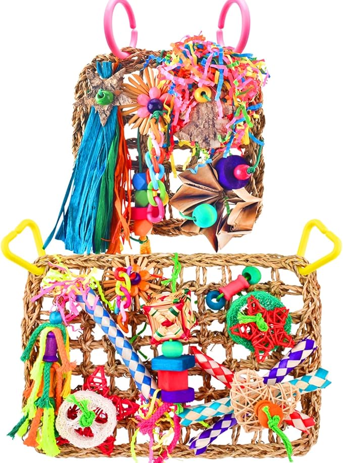 KATUMO Bird Toys, 2 Pack Parrot Grass Mat Parakeet Foraging Wall Toys Bird Climbing Hammock Conure Chew Toys for Parakeets, Cockatiels, Sun Conures, Lovebirds, Budgies, Small to Medium Birds