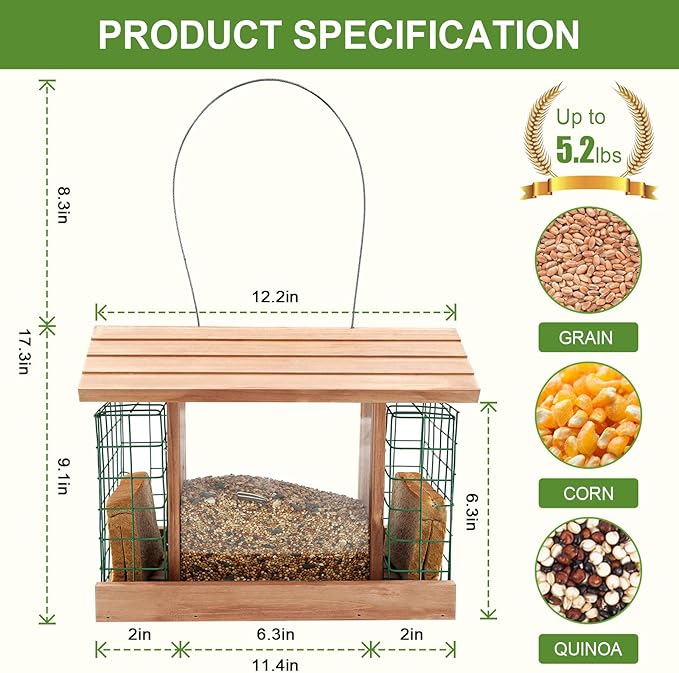 Bird Feeders with 2 Suet Cages, Wooden Wildbird Feeder with Large Capacity, Ideal for Outside Hanging, Nature