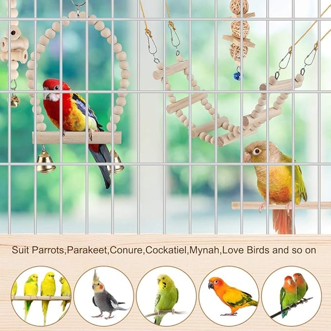 Bird Parrot Swing Toys, Chewing Standing Hanging Perch Hammock Climbing Ladder Bird Cage Toys for Budgerigar, Parakeet, Conure, Cockatiel, Mynah, Love Birds, Finches and Other Small to Medium Birds