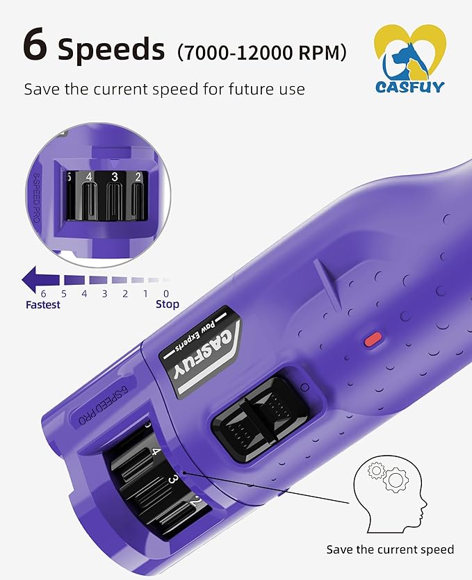 Casfuy Dog Nail Grinder Quiet - (45db) 6-Speed Pet Nail Grinder with 2 LED Lights for Large Medium Small Puppy Dogs/Cats, Professional 3 Ports Rechargeable Electric Dog Nail Trimmer with Dust Cap