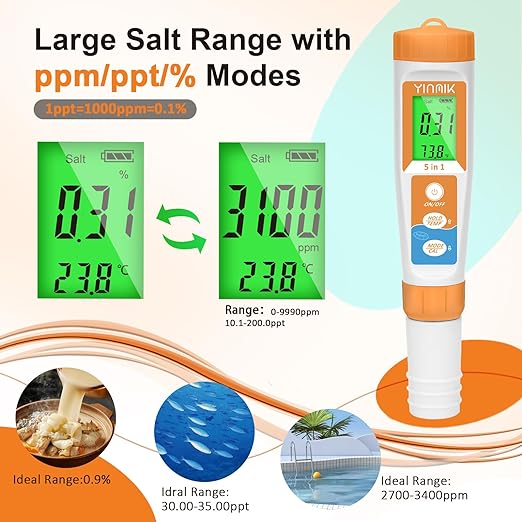 Pool Salt Tester New Update 5 in 1 pH TDS EC Salinity Meter for Saltwater Swimming Pools Hot Tub Digital Salinity Tester for Saltwater Aquarium Water More Accuracy pH and ppm Meter Hydroponic…