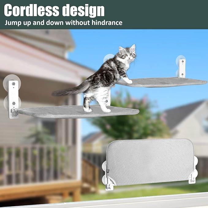 Sunhoo Cat Window Hammock Perch Cordless Perches Window Sill Seat Bed Foldable Stable Lounger Upgraded Suction Cup Easy Assembly Indoor Cats Kitty Shelf Hold Up to 55lbs（Grey,S