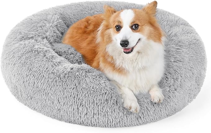 rabbitgoo Calming Dog Bed for Small Medium Dog, 30 inches Pet Bed Machine Washable, Non-Slip Round Fluffy Plush Faux Fur Large Cat Bed, Soft Donut Cuddler Cushion for Small Dog, Light Grey