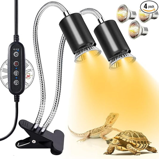 Reptile Heat Lamp,Double-Head Heating Lamp for Reptiles, UVA/B Turtle Lamp with Clamp, Separate Control, Turtle Light,Basking Light for Reptiles Bearded Dragon Turtle Snake, 3 Basking Bulbs.