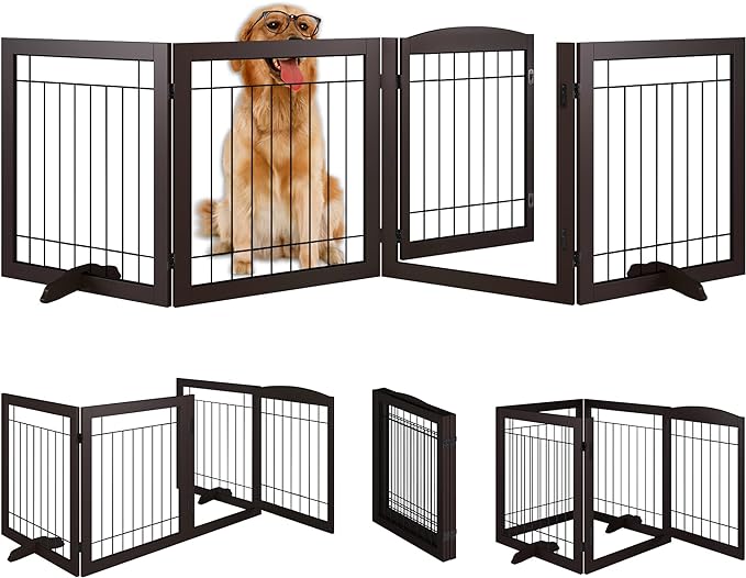 Folding Pet Gate 96" Wide, 30" Tall No-Assembly Wooden Dog Gate with Door Walk Through, Freestanding Wire Pet Gate, Pet Puppy Safety Fence, with 2PCS Support – Espresso