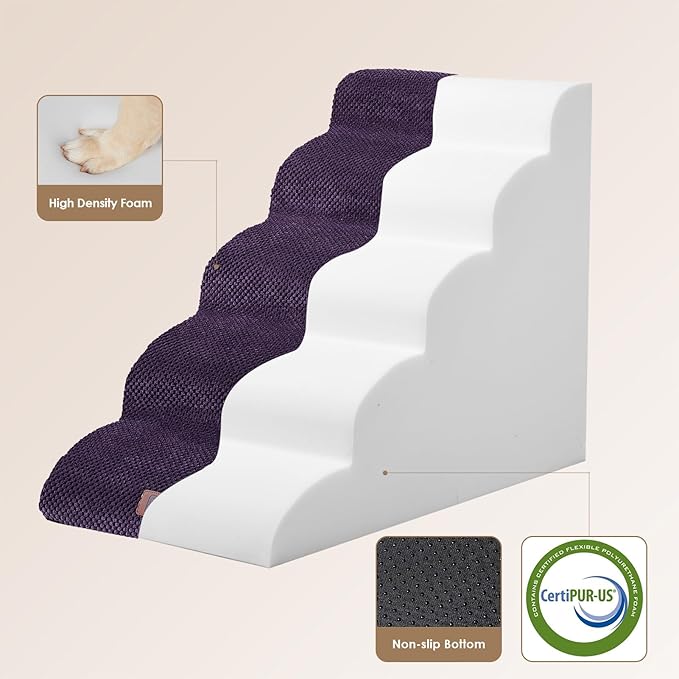 EHEYCIGA Curved Dog Stairs for High Beds 22.6" H, 5-Step Dog Steps for Small Dogs and Cats, Pet Stairs for High Bed Climbing, Non-Slip Balanced Pet Step Indoor, Purple