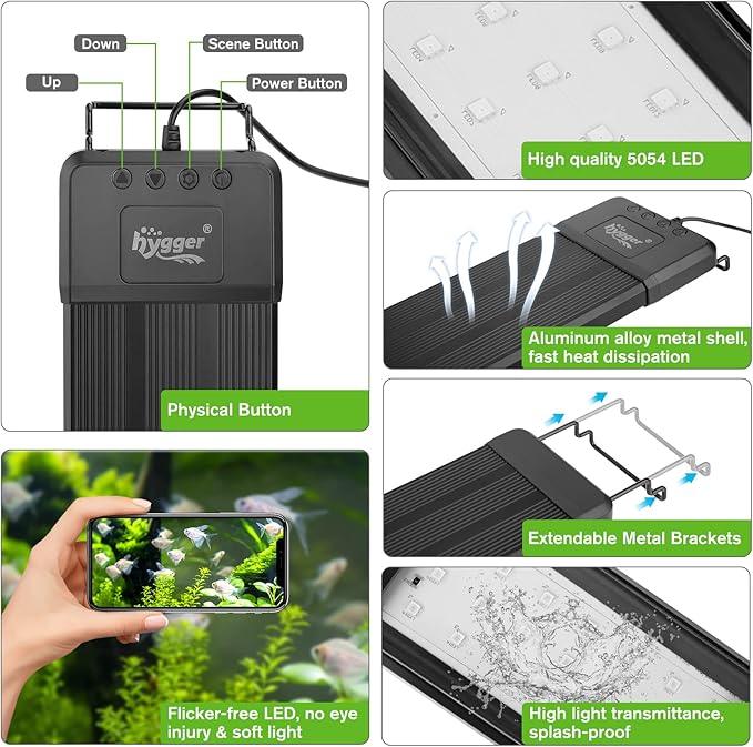 hygger 50W Smart Aquarium Light, Bluetooth LED Light with App Control, Full Spectrum Fish Tank Light with 24/7 Lighting Cycle, 5 Modes, Adjustable Timer, for 36"-42" Freshwater Planted Tank