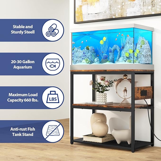 20-29 Gallon Fish Tank Stand With Power Outlets, 3-Tier Metal Aquarium Stand, Breeder Reptile Tank Stand with Shelf for Home Office, 500LBS Capacity, 29.5 x 15.8 x 30.1 inches