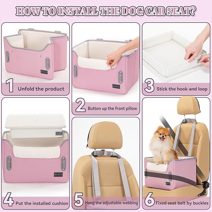 PETSFIT Dog Car Seats for Small Dogs, Portable Puppy Car Saet for Car with Clip-On Leash, Adjustable Straps Suitable for Small Pets Up to 25lbs (Light Pink)