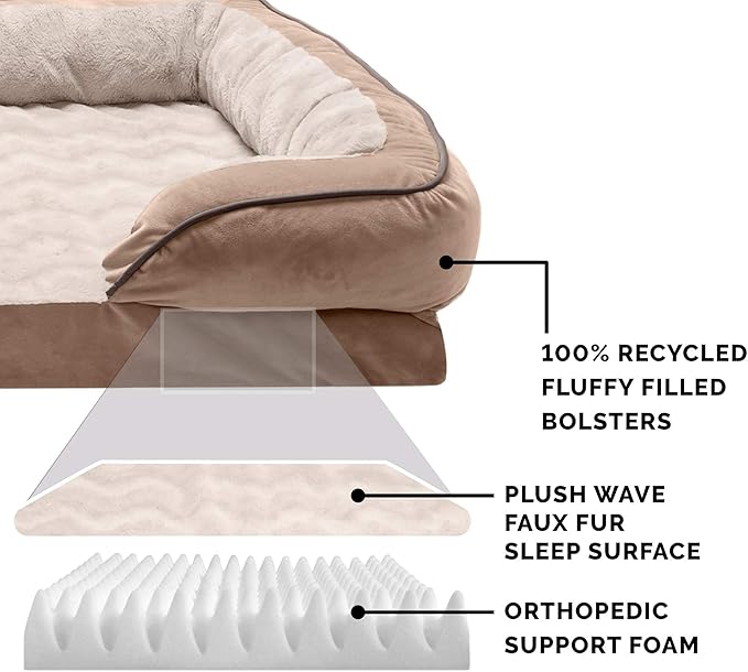 Furhaven Orthopedic Dog Bed for Large Dogs w/ Removable Bolsters & Washable Cover, For Dogs Up to 95 lbs - Plush & Velvet Waves Perfect Comfort Sofa - Brownstone, Jumbo/XL