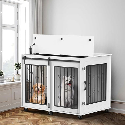 Furniture Style Dog Crate End Table with Sliding Barn Door, Indoor Dog Kennel Furniture with Removable Divider for 2 Small to Medium Pets, White, 43.7''W × 29.9''D × 31.2''H