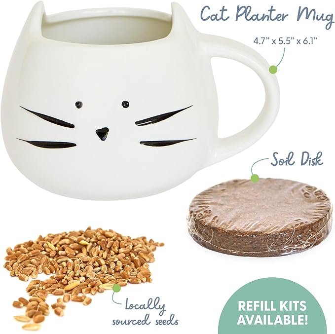 The Cat Ladies Organic Cat Grass for Indoor Cats - Growing Kit with Organic Seed Mix, Soil and White Cat Planter. Natural Hairball Control and Digestion Remedy, Cat Gifts