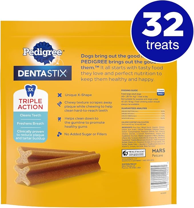 PEDIGREE DENTASTIX Large Dog Dental Treats Original Flavor Dental Bones, 1.66 lb. Pack (32 Treats)