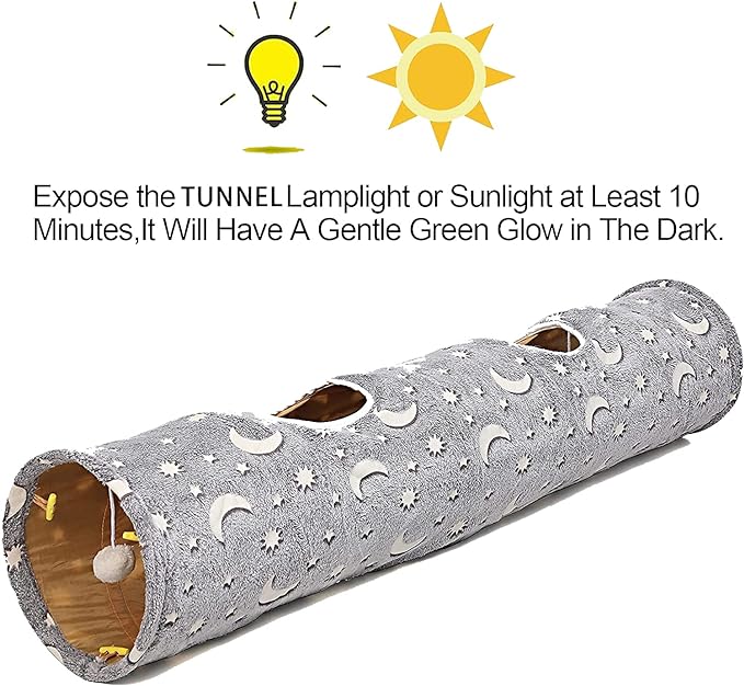 LUCKITTY Cat Tunnel Tube with Plush Ball Toys Collapsible Self-Luminous Photoluminescence, for Small Animals Pets Bunny Rabbits, Kittens, Ferrets,Puppy and Dogs Grey Moon Star