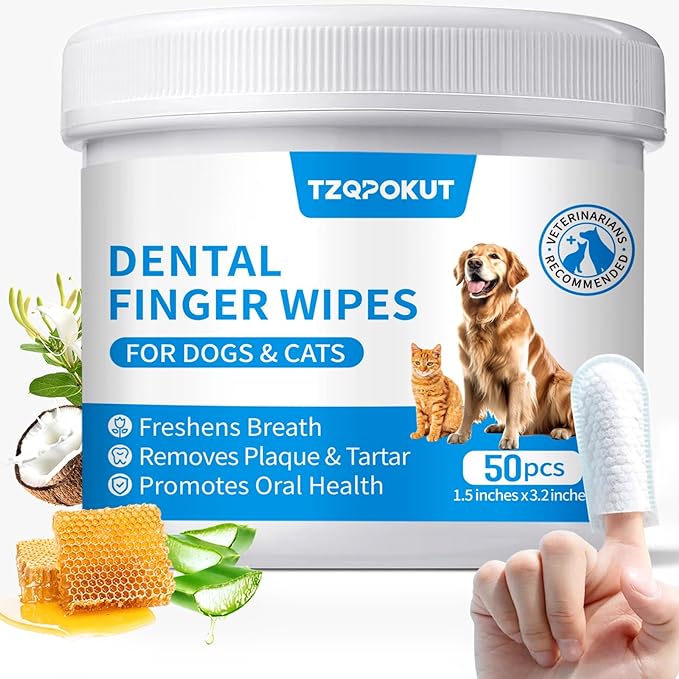 Dog Teeth Cleaning Wipes, Dog Dental Wipes for Dog Tooth Pet Dental Finger Wipes for Dogs & Cats - Reduces Plaque & Freshens Breath (50 count)