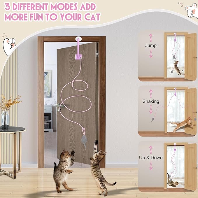 Cat Toy Interactive for Indoor Cats, Smart USB Rechargeable Door Hanging Automatic Retractable Kitten Toys, Teaser Electronic Self Play Feather Cat String Toys Attached with 3 Catnip Mice Purple