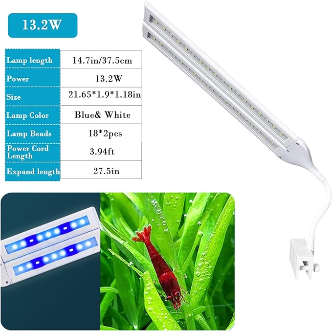 LED Aquarium Light Full Spectrum Clip Fish Tank Light Plants Light 360° Adjustable 2 Light Bar Super-Bright 13.2W Suitable for 20-50 Gal Fish Tank