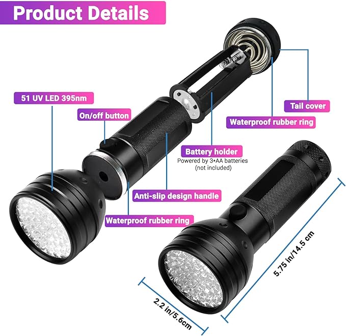 UV Flashlight Black Light, Ultraviolet Blacklight for Pet Urine Detection 51 LED 395 nM, Detector Light for Dog/Cat Urine, Dry Stains, Bed Bug, Resin Curing, Scorpions Finder