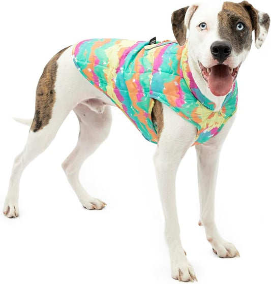 Kurgo Loft Dog Jacket, Reversible Winter Coat for Dogs, Wear with Harness or Sweater, Water Resistant, Reflective, for Small Medium Large Pets (Watercolor Stripe, XL)