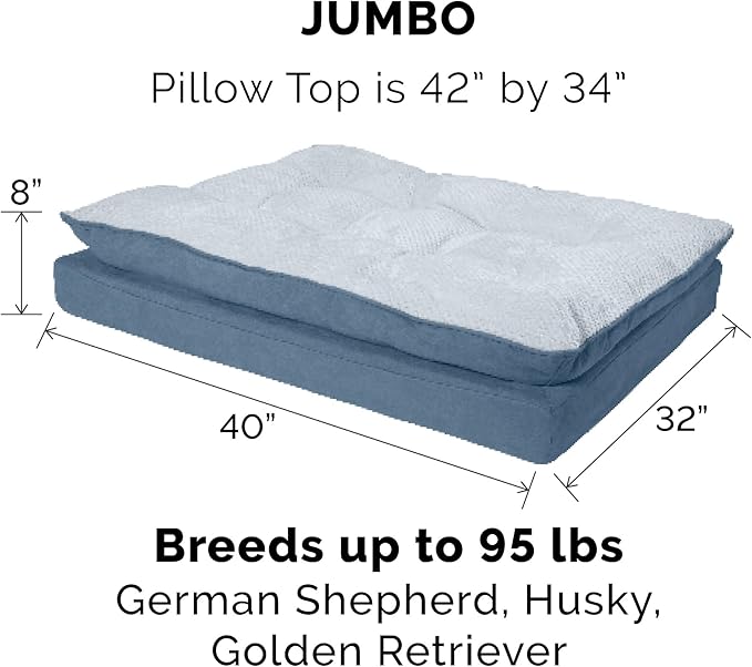 Furhaven Orthopedic Dog Bed for Large Dogs w/ Pillow Cushion Top & Removable Washable Cover, For Dogs Up to 95 lbs - Minky Plush & Suede Pillow Top Mattress - Stonewash Blue, Jumbo/XL