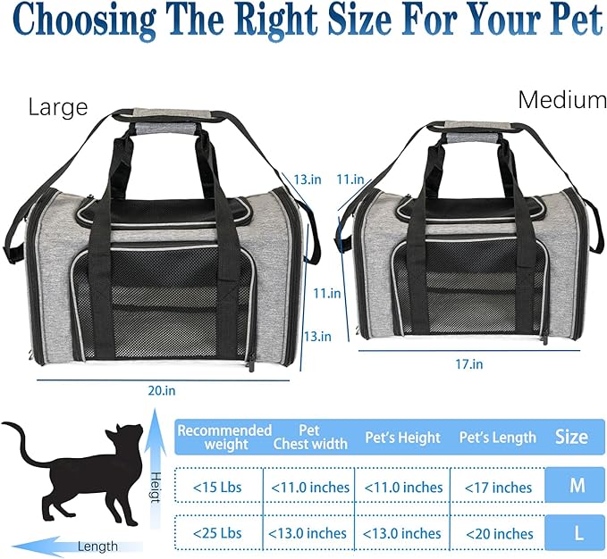 Dog Cat Carrier Pet Carriers for Small Medium Large Cats Dogs Carrier Soft Sided Small Puppy Dog Carrier Portable Foldable Airline Approved Dog Cat Travel Carrier Grey Black L